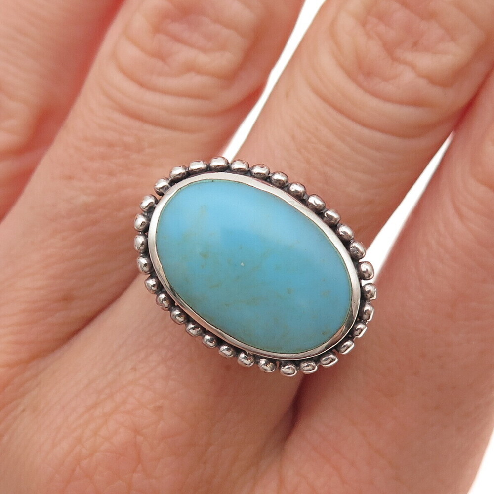Ken Crafts 925 Sterling Silver Vintage Real Turquoise Beaded Ring Size 6.75